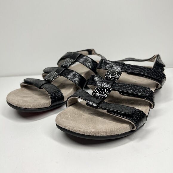 Vionic Women's Amber Sandal Size 6 Black Croc Strappy Adjustable Flat Shoe - Picture 1 of 10